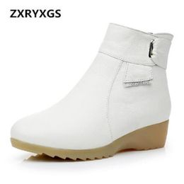 2020 New Winter Boots Women White Cowhide Leather Women Boots Large Size Warm Comfort Ankle Non-slip Soft Fashion Shoes