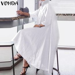 VONDA White Dress Women Sexy Lapel Neck Asymmetrical Party Dress Office Ladies Sundress Casual Loose Holiday Vestido Plus Size