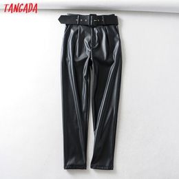 Tangada women black faux leather suit pants high waist pants sashes pockets 2019 office ladies pu leather trousers 6A05 T200104