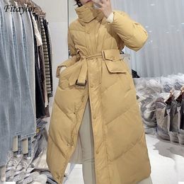 Fitaylor Winter Stand Collar Long Puffer Jacket Women 90% White Duck Down Coat Casual Loose Thick Parkas Belt Warm Snow Outwear 201125