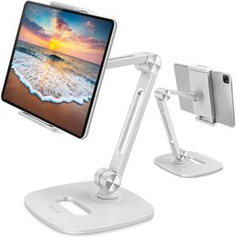 Adjustable Tablet Stand, Desktop Tablet Holder Mount Foldable Phone Stand with 360° Swivel Phone Clamp Mount Holder, Compatible with 4-13" Tablets