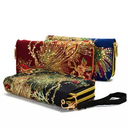 Ethnic Style wallet Double Sided Embroidery Features Peacock Long Zipper Hand Change Mobile Phone Bag Wallet