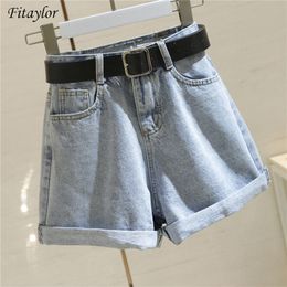Fitaylor 2020 Streetwear High Waist Women Blue Denim Shorts With Belt Summer Casual Female Wide Leg Plus Size 2xl Jeans Shorts LJ200818
