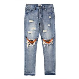 Men's Jeans High street hole cashew blossom patch pants chain decorative small foot elastic jeans