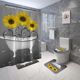 Shower Curtains Set 4Piece Non Slip Sunflower Pattern Toilet Polyester Cover Mat Waterproof Bathroom Curtains1