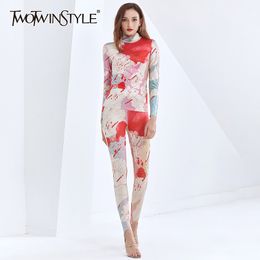 TWOTWINSTYLE Slim Hit Colour Two Piece Set For Women Turtleneck Long Sleeve High Waist Pants Printed Suit Female New Style 201119