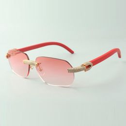 Direct sales micro-paved diamond sunglasses 3524024 with red wooden temples designer glasses, size: 18-135 mm