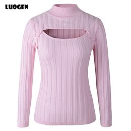 Japanese Anime Cosplay Open Chest Knitted Sweater Keyhole Women Sweaters and Pullovers Sexy Turtleneck Stripe Lolita Girls Knit 201130