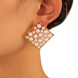 Luxury Pearl Stone Drop Earrings for Women Charms Square Geometry Alloy Metal Wedding Jewelry Accessories