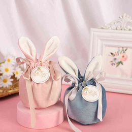 10Pcs/Lot Candy Bags Cute Rabbit Ears Wedding Favours and Gifts Solid Velvet Pearl Bow Bandage Sweet Packaging Party Gift Bag H1231