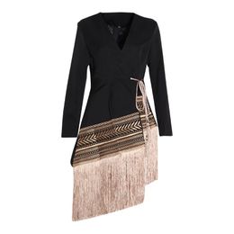 [EWQ] Autumn New Long Sleeve Women Jacket Suits Outwear Embroidered Jacquard Irregular Fringed Hem To Gather Waist Coats 201201