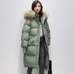 Ladies Fashionable Solid Oversize Coat Thick Warm Winter Down Jacket Women Full Sleeve Fur Collar Hooded Chic Parka 211221