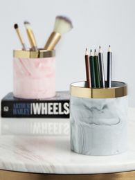 Glod Marble Makeup Brush Storage Holder Stand Dresser Cosmetic Desck Organizer Pen Pencil Ruler Holder Ceramic Tumbler Cup Y200111