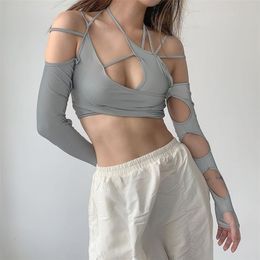 T Shirt Women Y2k Punk Women's Halter Tops Gothic Grey Girl Patchwork Long Sleeve Crop Summer Sexy Cut Out Solid T-shirts 220314