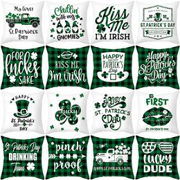 St. Patrick's Day Throw Pillow Covers Decorations - 18 x 18 Inches Shamrock Linen Cushion Cover Irish Pillowcase Gnome Truck Decor