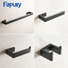 Fapully Matte Black Hardware Set Wall Mount Bathroom Accessories Single Towel Bar Robe Hook Paper Holder Hardware Pendant G124 LJ201204