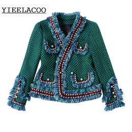 Green tweed jacket brushed trim pearl buckle Spring / autumn / winter women's jacket Slim ladies jacket 201026