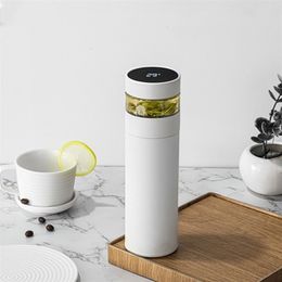 Double Wall Stainless Steel Thermos With Tea Philtre 400ml Leak-proof Water Bottle LCD Temperature Display Smart Vacuum Flask 201204
