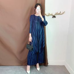 LANMREM 2020 New Pleated Vintage Women Clothes O-neck Pullover Dress And Wide Legs Pants Two Pieces Set autumn New LJ201120