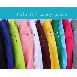 Осенние женщины карандаш джинсы конфеты цветные середины талии полная длина молнии тонкий подходит тощие женщины брюки горячие моды женские джинсы 201102