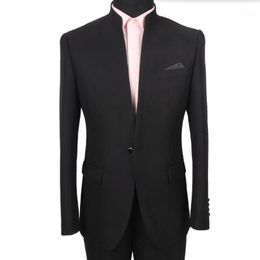 Wholesale- Hot sale men suits fashion Black Men's wedding mandarin collar Tuxedos Suits handsome formal prom suits(Jacket+Pants)1