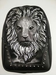 PUNK ROCK MENS STUDENTS SCHOOL BOOK BAG BACKPACK new 3D three-dimensional lion head fashion trend Personalised rivet King Backpack POUCH Cosmetic BAGS Cases