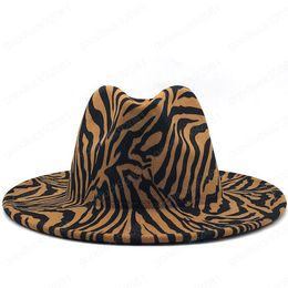 Simple Unisex Flat Brim Wool Felt Jazz Fedora Hats Zebra pattern Leather Band Decor Trilby Panama Formal Hats Wholesale