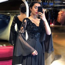 Black Evening Dresses V-Neck Long Flare Sleeves Appliques A-Line Arabic Chiffon backless Prom Gowns Mother of the Bride Party Dress