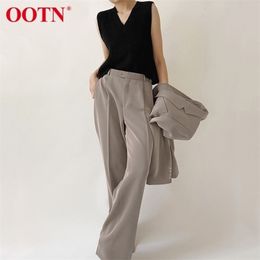OOTN Office Lady Pleated Loose Zipper Wide Leg Pants Women Solid Button Floor-Length Pants Female High Waist Trousers Autumn 211216