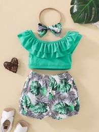 Baby Layered Ruffle Trim Top & Tropical Print Shorts With Headband SHE