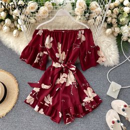 Neploe Ruffles Boho Off Shoulder Sexy Floral Print Sashes Jumpsuit Women Short Summer Flare Sleeve Playsuit Beach Holiday Romper T200704
