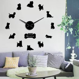 West Highland Terrier Westie Dog Breed Long Clock Hand 3D DIY Wall Clock Puppy Animal Self Adhesive Big Acrylic Time Clock Watch 201118