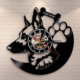 German Shepherd Home Decor Breeds Vinyl Record Vintage Custom Name Wall Clock Gift For Dog Lovers LJ201204