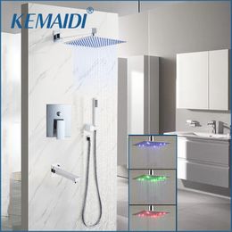 KEMAIDI Bathroom Wall Mounted 8" Rain Shower Head Valve Mixer Tap W/ Hand Chrome Shower Rainfall Shower Mixer Faucet Set LJ201212