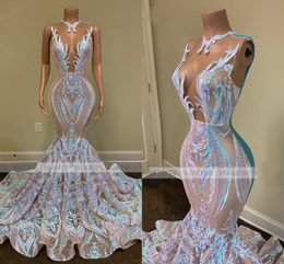 Black Girls Sparkly Sequin Mermaid Long Prom Dresses 2022 Sexy Illusion o Neck Mermaid African Women Gala Evening Party Gowns robes