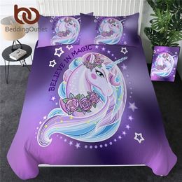 BeddingOutlet Cartoon Unicorn Kids Bedding Set King Rose Floral Duvet Cover Girly Home Textiles Purple Bedclothes 3pcs Drop Ship 201210