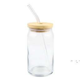 12oz Sublimation Glass Beer Mugs Bamboo Lid Straw Blanks Frosted Clear Can Shaped Tumblers Cups Heat Transfer Cocktail by sea JJB13780