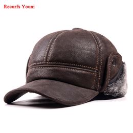 RY9100 Male Winter Genuine Leahter Suede Bomber Hat Man Nubuck Thick Head Warm Dome Caps Elder Black/Brown sewing Fitted Gorras Y200110