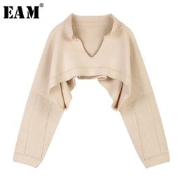 [EAM] Apricot Brief Big Size Short Knitting Sweater Loose Fit V-Neck Long Sleeve Women Pullovers New Fashion Spring 1S363 201109