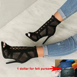 2022 Fashion Women Shoes Black Summer Sandals Lace Up Cross-tied Peep Toe High Heel Ankle Strap Rome Mesh Hollow Out Sandals