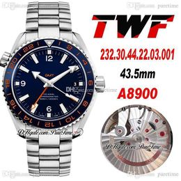 TWF GMT 600M 43.5mm A8900 Automatic Mens Watch Ceramics Bezel Blue Dial White Stick Markers Stainless Steel Bracelet 232.30.44.22.03.001 Watches Puretime Z02b2