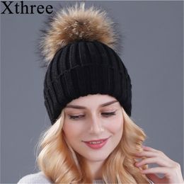 Xthree Natural Mink Fur Winter for Women Girl 's Knitted Beanies Hat With Pom Brand Thick Female Cap Skullies Bonnet Y201024