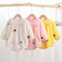 2020 New Autumn Winter Baby Pompom Romper Cute Newborn Long Sleeve Velvet Jumpsuits Kids Clothing