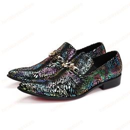 Fashion Genuine Leather Men Shoes Big Size Dazzling Printing Shoes Pointed Toe Slip On Formal Party Dress Shoes