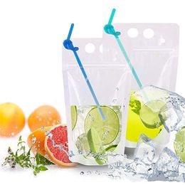 2021 Wholesale Disposable Juice Coffee Liquid Bag Vertical Seal Drink Bag Clear Drink Pouches With Straw Party Tableware