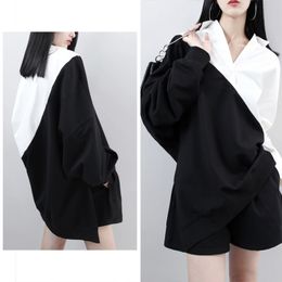[EAM] Spring Lapel Long Sleeve Solid Colour Black White Split Joint Loose Big Size Sweatshirt Women Fahion Tide JC319 201204