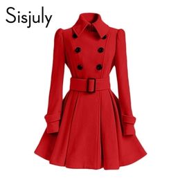 Sisjuly Red Wool Women Coat Winter Overcoat Double Breasted Belt Slim Jacket Female Fashion Black Casual Outerwear Vintage Coat 201112