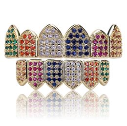 18k Gold Multi-Color Micro Pave CZ Iced Out Teeth Grillz Set Top and Bottom Hip Hop Bling Jewellery