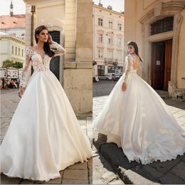 2021 Fashion Wedding Dresses Long Sleeves Appliques Lace Satin Bridal Gowns Custom Made Open Back Sweep Train A-Line Wedding Dress