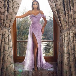 Spaghetti Off Shoulder Mermaid Evening Dresses High Side Split Sequins Beaded Formal Prom Gowns Plus Size